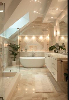 a bath room with a tub a sink and a mirror on the wall in it