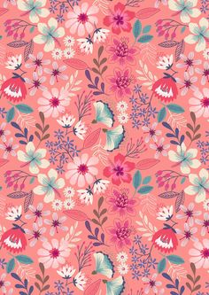 a pink background with flowers and leaves