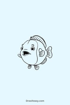 A cartoon-style fish with small feet, drawn in a minimalistic black-and-white style. Drawing For Kids Easy, Drawing Outlines