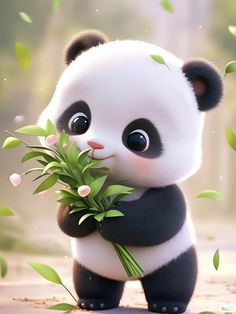 a panda bear holding flowers in its paws