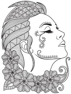 a woman's face with flowers in her hair and an intricate pattern on it