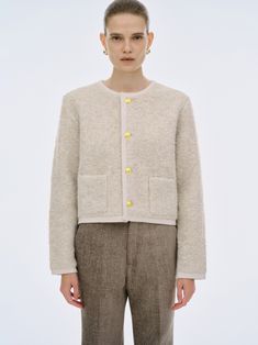 (Pre-order) Expected Delivery : End of October, 2023   70% Virgin Wool 25% Nylon 5% Spandex   Mid Weight Stretch Soft Virgin Wool Blend Shearling Texture Relaxed Fit Waist Length Round Neckline Braided Edge Engraved Button Hardware At Front Patch Pockets Unlined Dry Clean Only By SourceUnknown. Imported   Cut for a reg Super Rich Kids, Sophisticated Outfits, Cardigan Beige, Beige Cardigan, Knitwear Dress, Winter Knits, Wool Cardigan, Waist Length, Scarf Styles