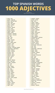 the top spanish words for 100 adjectivees