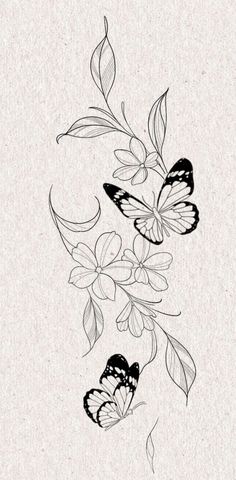 two butterflies flying over flowers on a white paper background with the words love written in black ink