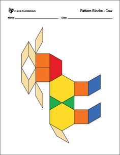 the pattern blocks cow is made out of paper and has four different colors on it