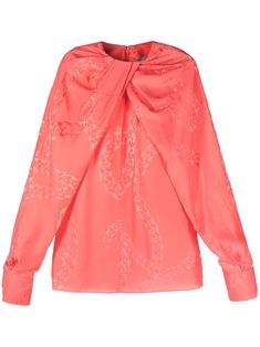 salmon pink silk blend chain-link print knot detailing round neck long sleeves straight hem Jacquard Top, Stella Mccartney Falabella, Salmon Pink, Pink Blouse, Pink Silk, Bubblegum Pink, Clothing Size Chart, Print Blouse, Silk Shirt