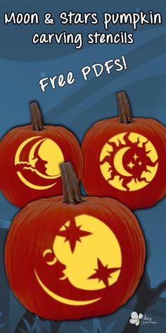 three pumpkins with moon and stars stencils are shown in front of a blue background