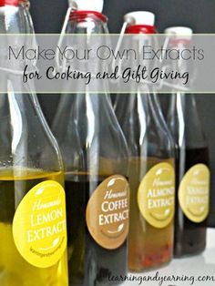 six bottles with labels on them that say make your own products for cooking and gift giving