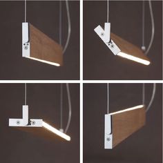 four different angles of a light fixture with wood and metal parts hanging from the ceiling