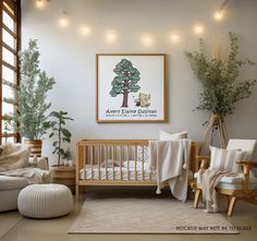 a baby's room with a crib, rocking chair and potted plant