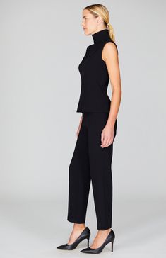 A classic straight leg pant with all the right details. Cut in a comfortable and luxurious Italian double face fabric, this ankle length pant has a beautiful drape and weight and is finished with a simple back zip to maintain a clean front. NOTE: This pant runs generously and most people have sized down from their typical Mi Jong Lee pant size. Chic Straight Silhouette Pants For Evening, Chic Straight Silhouette Evening Pants, Elegant Black Dress Pants With Straight Silhouette, Chic Pantsuit With Straight Hem For Workwear, Chic Straight Hem Pantsuit For Work, Chic Straight Hem Business Casual Pantsuit, Elegant Straight Leg Pantsuit For Business Casual, Sleek Straight Hem Workwear Pants, Sleek Straight Hem Pants For Workwear