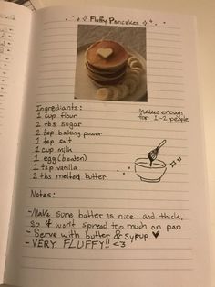 an open recipe book with pictures of pancakes