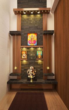 an entry way with shelves and lights on the wall, along with a small buddha statue