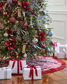 a christmas tree with presents under it