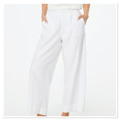 Summer Loungewear Bottoms With Button Closure, White Elastic Waistband Bottoms For Work, White Bottoms With Elastic Waistband For Work, Spring Wide Leg Pants With Button Cuffs, Summer Straight Pants With Button Cuffs, Relaxed Fit Bottoms With Button Cuffs For Loungewear, White Straight Leg Daywear Pants, White Straight Leg Pants For Daywear, White Pants With Pockets For Daywear