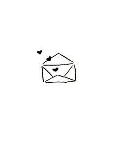 a black and white drawing of an envelope with hearts coming out of it on a white background