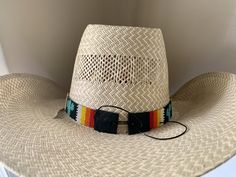 "7/8\" Wide Cactus Hat band All bead work is beaded with 10lb extreme braided nylon line. All hat bands are finished at 23\" with glued than sewed down leather ends and an adjustable leather tie." Western Brimmed Handwoven Hat Band, Summer Vacation Beaded Hat Bands, Adjustable Beaded Hat Band For Festivals, Western Beaded Hat Bands For Western-themed Events, Artisan Beaded Hat Bands For Western-themed Events, Aztec Hat, Cactus Hat, Leather Tie, Hat Bands