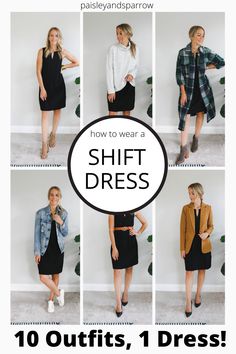 Busi Ess Casual Outfit, Ways To Wear A Dress In Winter, How To Wear 1 Dress 10 Ways, Sleeveless Dress Styling, Casual Tshirt Dress Outfits, Black Dress With Jean Shirt, Straight Black Dress Outfit, How To Style A Black T Shirt Dress, Black Shift Dress Outfit Winter