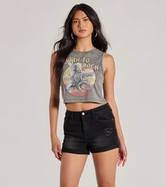 Channel your inner rocker babe in this trendy graphic tank top at concerts, festivals, or out bar hopping! Made with a mineral wash cotton fabric, it features an eagle graphic with the script, "Born To Rock" across the front. The tank is shaped with a sleeveless crew neckline, tank shoulder straps, a cropped hem, and an overall relaxed fit for an effortlessly cool vibe. Style with jean shorts and booties.Fit & FeaturesMineral wash cotton fabric, moderate stretchEagle graphicScript "Born To R Grunge Tops For Summer Music Festival, Summer Grunge Tops For Music Festival, Summer Music Festival Grunge Tops, Casual Washed Black Muscle Tee For Summer, Trendy Graphic Print Tank Top For Music Festival, Summer Cotton Washed Black Tank Top, Summer Cotton Tank Top In Washed Black, Washed Black Cotton Tank Top For Summer, Summer Washed Black Tank Top