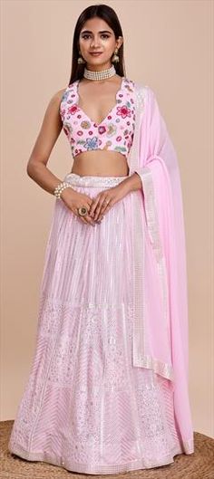 Pink and Majenta color Lehenga in Faux Georgette fabric with Embroidered, Sequence, Thread work Wedding Embroidered Georgette Fabric With Motifs, Wedding Lehenga With Motifs In Georgette, Wedding Choli In Georgette With Motifs, Pink Wedding Choli With Motifs, Wedding Sets With Pink Motifs, Wedding Pink, Wedding Lehenga, Georgette Fabric, Thread Work