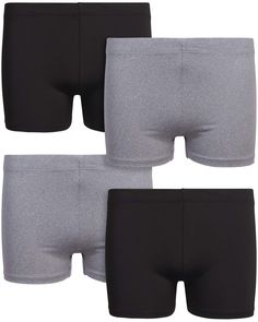 three pairs of men's boxer shorts in black, grey and white color scheme