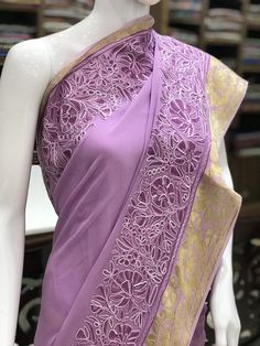 Viscose Georgette Aari Embroidered Kashmiri Saree Women Elegant Pre-draped Saree With Chikankari For Festive Occasions, Embroidered Purple Georgette Pre-draped Saree, Elegant Embroidered Pre-draped Georgette Saree, Embroidered Blouse Piece For Saree In Georgette, Embroidered Georgette Blouse Piece For Saree, Designer Embroidered Cotton Silk Pre-draped Saree, Semi-stitched Elegant Resham Embroidered Fabric, Elegant Semi-stitched Fabric With Resham Embroidery, Elegant Semi-stitched Resham Embroidered Fabric