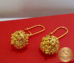 "★ Largest size of our traditional Croatian filigree ball earrings, handcrafted in solid 14k gold. They are replicas of ethnic - heritage Croatian jewelry from Dubrovnik - Dalmatia region. Earrings end with decorative, secure - latching type of ear-wires. ★ *These earrings are handmade on order in 7-10 business days* Due to the handmade creation, every pair is unique, so there can be tiny variations in dimensions of the finished earrings. They are on average: Overall length: 3.8 cm ( 1.50 ) Ball Gold Byzantine Hallmarked Earrings, Festive Ornate Gold Plated Earrings, Croatian Jewelry, Formal Byzantine Brass Earrings, Intricate Byzantine Yellow Gold Earrings, Gold Byzantine Brass Earrings, Large Gold Earrings, Gold Filigree Earrings, Ball Earrings