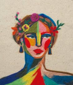 a painting of a woman's face with flowers in her hair and multicolored dress