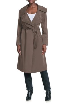 A showy collar and a graceful drape animate a softly styled trench coat you'll truly appreciate during the between season. 44 1/2" length (size Medium) Open front Notched lapels Front welt pockets Removable sash Partially lined 94% polyester, 6% spandex Dry clean Imported Elegant Taupe Outerwear For Fall, Elegant Long Spring Outerwear, Faux Fur Cropped Jacket, Fabric Gifts, Free Fabric, Faux Fur Jacket, Crop Jacket, Fur Jacket, Welt Pockets