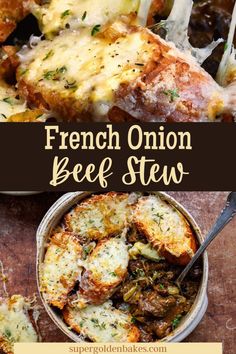 french onion beef stew in a bowl with spoons