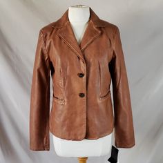 Maple Color Faux Leather Jacket Size M Long Sleeve Outerwear For Everyday Use In Fall, Casual Fall Outerwear For Everyday, Casual Leather Blazer For Spring, Brown Faux Leather Outerwear With Button Closure, Formal Brown Single-breasted Leather Jacket, Mustard Blazer, Blue Tweed Jacket, Drape Front Jacket, Black White Blazer