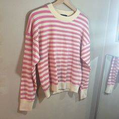 Nwt J. Crew Super Soft Cozy Pink Cream Striped Sweater Sz Xxs Oversized Slouchy 80’s Sailor Stripes Preppy Crop Long Sleeves Crew Neck Stretchy Resort Travel Beach Spring Summer Garden Baby Party Fun And Functional Casual Pink Sweater With Ribbed Cuffs, Cozy Pink Sweater With Ribbed Cuffs, Pink Oversized Casual Sweater, Winter Soft Knit Pink Tops, Casual Oversized Pink Sweater, Sporty Pink Sweater With Ribbed Cuffs, Pink Long Sleeve Casual Sweater, Pink Relaxed Fit Sweater For Winter, Casual Pink Winter Tops