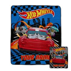 a red car on a blue and black checkered background with the words hot wheels