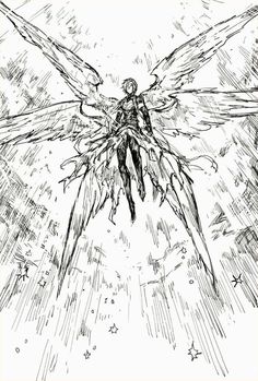 a black and white drawing of an angel with wings flying through the air, surrounded by stars