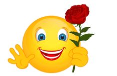 a yellow smiley face holding a red rose