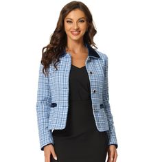 Retro and elegant, this blazer is styled with plaid tweed fabric. This vintage blazer designed with a velvet collar and a flap pocket, adds a touch of elegance to your wardrobe. Perfectly pair it with formal pencil skirts or long pants for a vintage and elegant look. A vintage but different stylish plaid tweed blazer is suitable for different occasions. Luxury Fall Tweed Jacket With Patch Pockets, Luxury Notch Lapel Tweed Jacket For Formal Occasions, Luxury Lapel Collar Tweed Jacket For Office, Chic Notch Lapel Blazer At Affordable Price, Luxury Classic Tweed Jacket With Notch Lapel, Luxury Houndstooth Tweed Jacket With Notch Lapel, Luxury Formal Tweed Jacket With Notch Lapel, Tweed Blazer Women Uk, Luxury Tweed Jacket With Lapel Collar And Button Cuffs