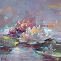 an oil painting of water lilies in a pond