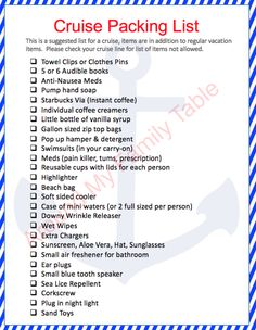 the cruise packing list is shown in blue and white striped paper with red lettering on it