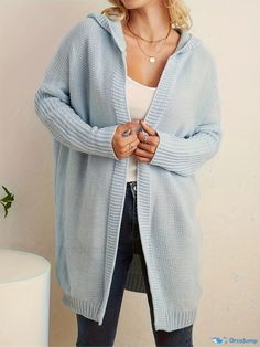 Orcajump - Solid Drop Shoulder Hooded Cardigan, Versatile Long Sleeve Cardigan For Fall & Winter, Women's Clothing Hooded Cardigan, Sleeve Detail, Batwing Sleeve, Long Sleeve Cardigan, Drop Shoulder, Knit Patterns, Length Sleeve, Rib Knit, Collar Styles