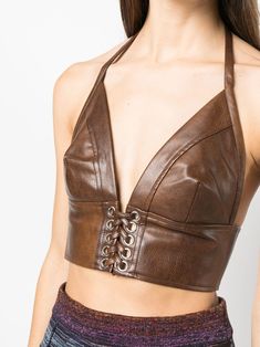 Everly cropped sleeveless top from ROTATE featuring brown, faux leather, polished finish, V-neck, spaghetti straps, sleeveless and cropped. | Rotate by Birger Christensen Everly cropped sleeveless top Wedding Romper, Rotate Birger Christensen, Birger Christensen, Neck Deep, Biker Leather, Gold Fashion