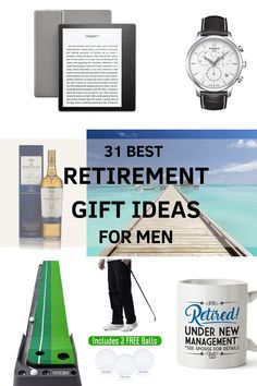 A selection of retirement gifts for men, including a Swiss watch, Macallan whiskey, Kindle, indoor golf set, and a funny mug. Government Retirement Gifts, Next Chapter In Life, Retirement Party Gifts, Funny Retirement Gifts, Retirement Humor, Gift Inspiration, It's Funny