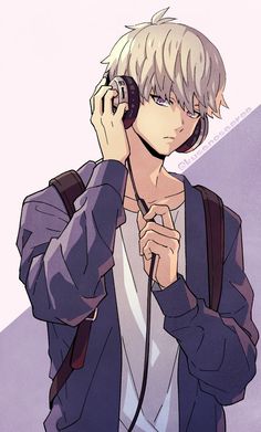 an anime character with headphones in his ears