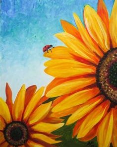 a painting of two sunflowers with a blue sky in the background and a ladybug on top