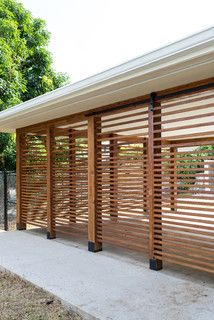 a building with wooden slats on the side