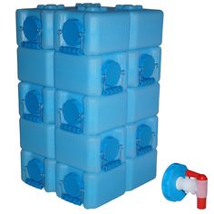 several blue plastic containers stacked on top of each other