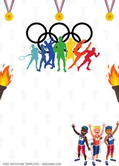 three people holding torches in front of the olympic rings with medals hanging from it's sides