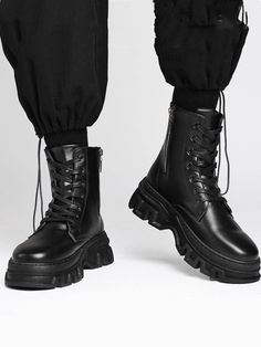 Men Minimalist Lace-Up Front Combat Boots, Fashion Outdoor Boots ,Style With Jeans Black     Plain Combat Boots   Men Shoes, size features are:Bust: ,Length: ,Sleeve Length: Combat Boots Outfit Men, Boots Outfit Men, Black Boots Men, Combat Boots Style, Combat Boots Men, Basic Boots, Army Boots, Black Platform Boots, Black Combat Boots