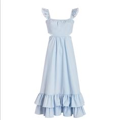 Likely Katrine Dress - Size 12 Light Blue “Blue Bell” Color Midi Dress With Side Cut Outs And Ruffle Detail Blue Ruffled Midi Dress For Brunch, Elegant Blue Sundress For Dress Down Occasions, Elegant Blue Sundress For Casual Occasions, Chic Light Blue Midi Dress For Garden Party, Light Blue Ruffled Midi Dress For Garden Party, Blue Ruffled Sundress For Garden Party, Light Blue Sundress For Garden Party, Chic Light Blue Dress For Garden Party, Light Blue Midi Dress For Garden Party