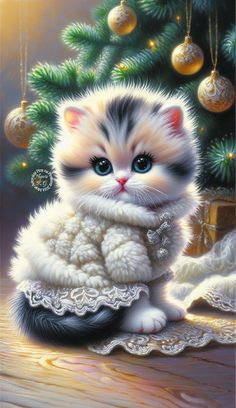 a painting of a kitten sitting in front of a christmas tree