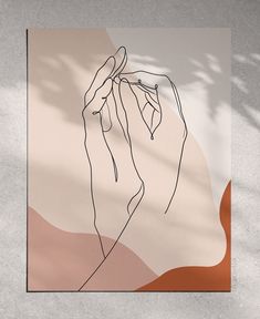 a drawing of a hand holding something in front of a pink and orange background with the shadow of a tree